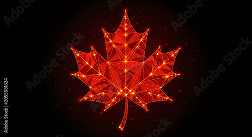 Abstract Digital Maple Leaf Symbol with Polygonal Mesh and Glowing Nodes