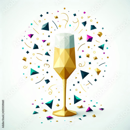 Low Poly Celebration Goblet with Confetti. Geometric Party Glass with Confetti