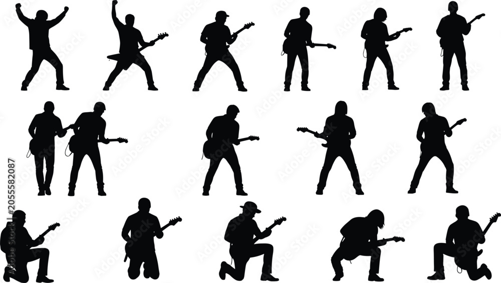 Fototapeta premium Large collection of rock guitar player silhouettes performing in various dynamic poses isolated on white background for music festival concert and band concept