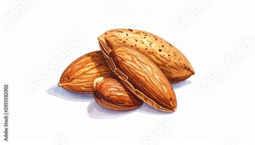 Wooden spoon filled with almonds on white surface, scattered nuts and green leaves adding natural contrast, highlighting wholesome nutrition and organic simplicity.