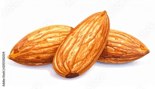 Wooden spoon filled with almonds on white surface, scattered nuts and green leaves adding natural contrast, highlighting wholesome nutrition and organic simplicity.