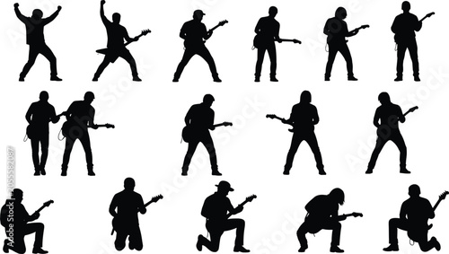 Obraz na płótnie Large collection of rock guitar player silhouettes performing in various dynamic