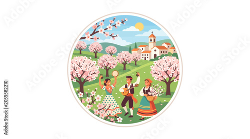 Quadro em tela Spring Blossom Festival: Dancing Villagers Celebrate Almond Trees Blooming