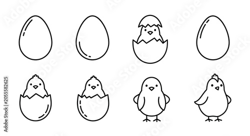 Foto Egg hatching sequence linear vector illustration on a white background