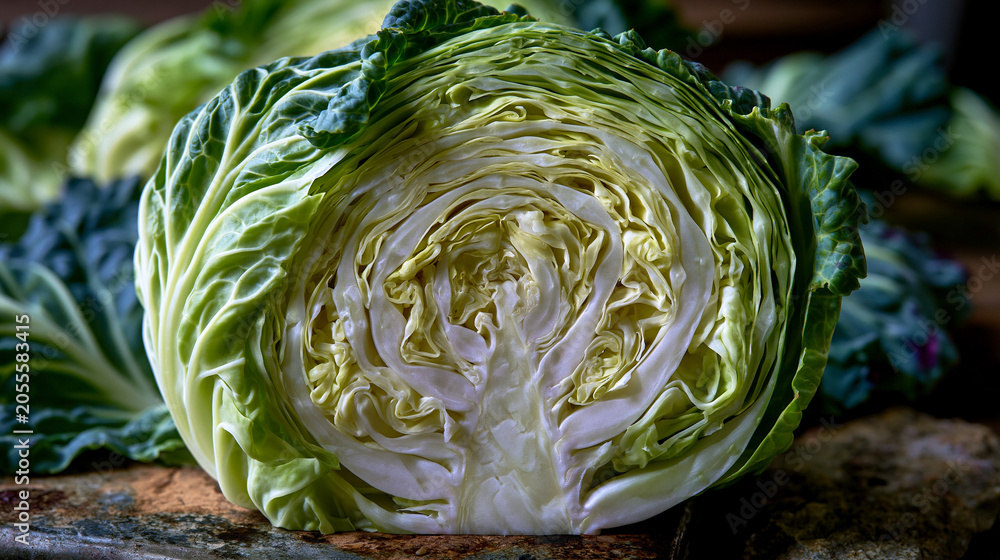 Obraz premium Cabbage cross-section cleaved cleanly reveals concentric internal leaf architecture in tight spiraling layers, the pale interior ribbing forming a botanical mandala pattern, the cut vegetable restin
