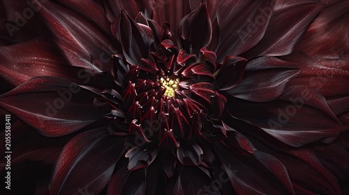 Dark crimson petals unfurl from a blooming flower, revealing intricate detail