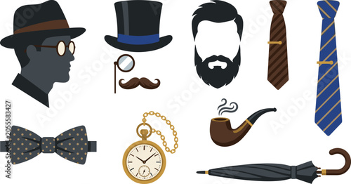 Gentleman vintage fashion and barbershop accessories vector icon set featuring retro hats monocle mustache ties pocket watch smoking pipe and umbrella.