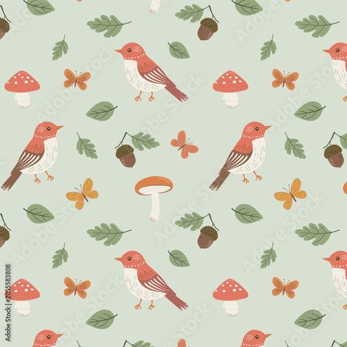 Seamless woodland pattern of birds, mushrooms, acorns, butterflies, leaves. Cozy vector illustration in 2 versions - sage and transparent background for textile, wallpaper, wrapping, surface design.