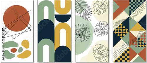 Cuadro en lienzo Abstract boho wall art vector illustration set featuring geometric shapes terracotta circles mid century lines botanical leaves