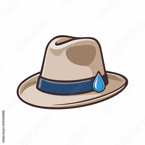 Fedora hat with a blue ribbon and a water drop emblem