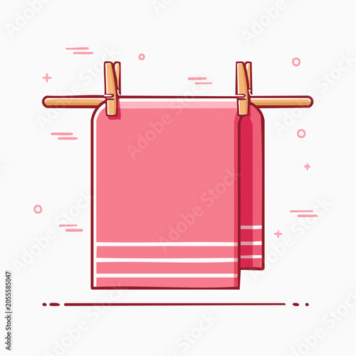 Pink Towel Drying on a Clothesline with Clothespins