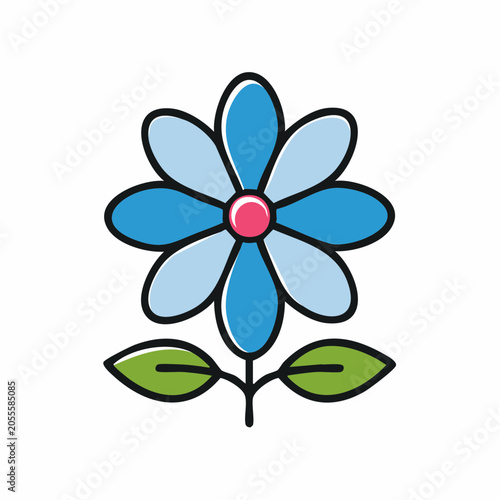 Stylized blue flower with pink center and green leaves