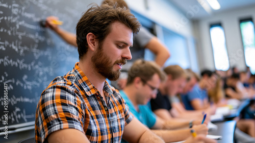 Neurophilosopher leads graduate seminar on consciousness research in sparse lecture room, writing phenomenal binding problem equations on floor-to-ceiling chalkboard while seated students annotate d