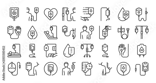 Intravenous Drip, Saline and Blood Transfusion Outline Editable Icon Set for Clinical Care and Emergency