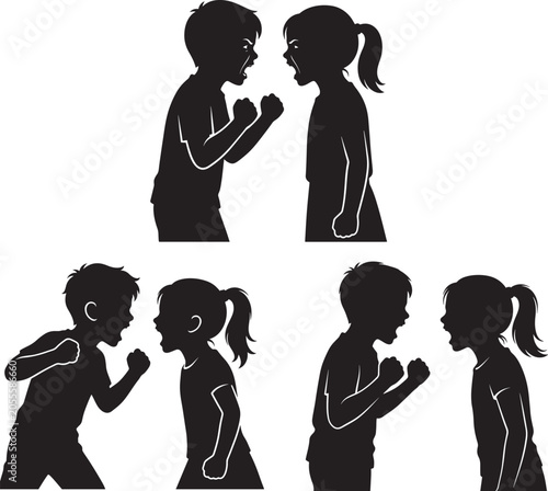 Silhouettes of angry boy and girl children shouting and fighting with children fighting shouting silhouette conflict argument aggressive bullying behavior screaming disagreement childhood