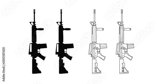 Bild auf Leinwand Assault rifle depictions in line art and black silhouette