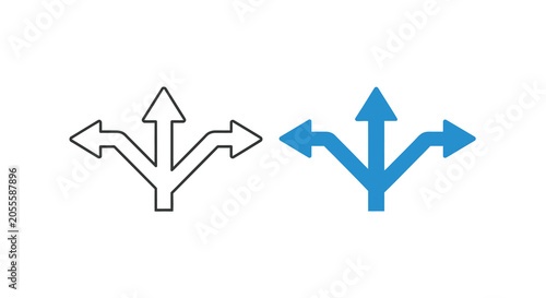 Fotografie Three way arrow divergence flat icon and line art illustration on white backgrou