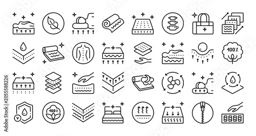 Memory Foam, Orthopedic and Latex Mattress Outline Editable Icon Set for Better Sleep Health and Comfort
