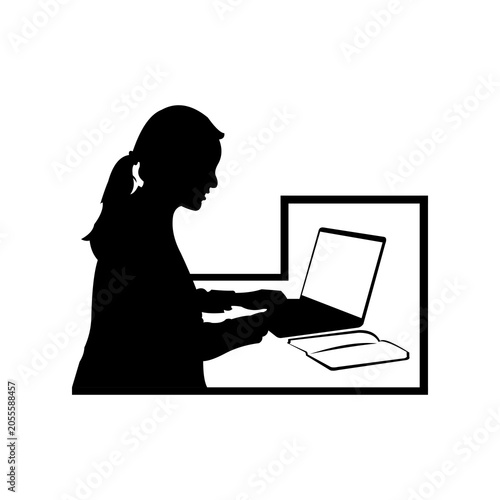 Woman Working on Laptop Silhouette Vector | Remote Work and Office Productivity Design for Tote Bag