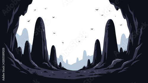 Mysterious cave entrance with rocky peaks and dark silhouette background  