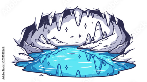Cave with blue water pool reflecting ice formations and stars  