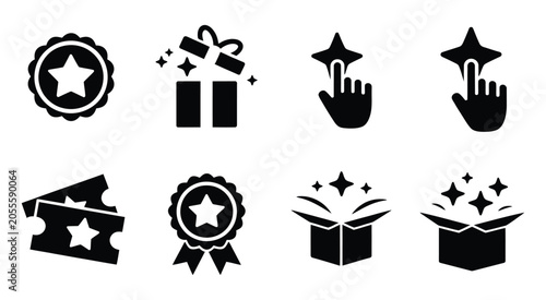 Vászonkép Loyalty program icons featuring black reward symbols, gift boxes, stars, and bonus points for marketing design