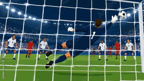Vector illustration of a goalkeeper making a spectacular diving save. A player in a navy blue jersey dives backwards to catch a soccer ball at the crossbar during a match in a packed stadium.