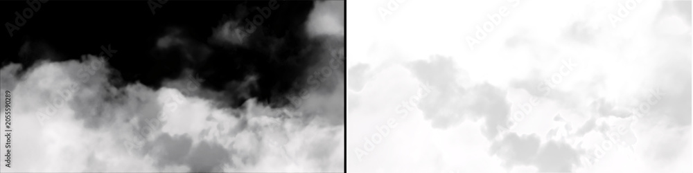 Fototapeta premium White wispy smoke or fluffy steam clouds isolated on black and transparent background for digital editing effects.