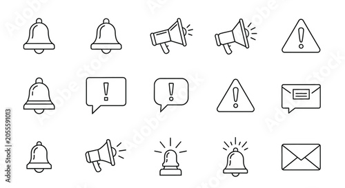 Hand drawn icon set featuring alert bells megaphones speech bubbles and warning signs for communication