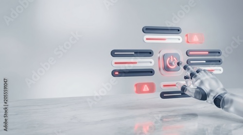 Robot Hand Pressing Power Button on Digital Interface Panel with Warning Icons 3d render