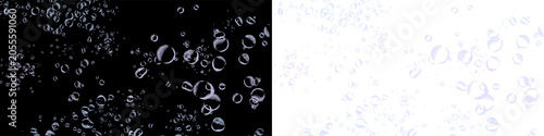 Bilde på lerret Bubbles rising underwater on black background for liquid effect with realistic transparent soap bubble design