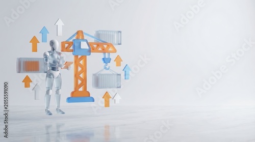 Robot manager standing with construction crane and upward arrows on white background 3d render