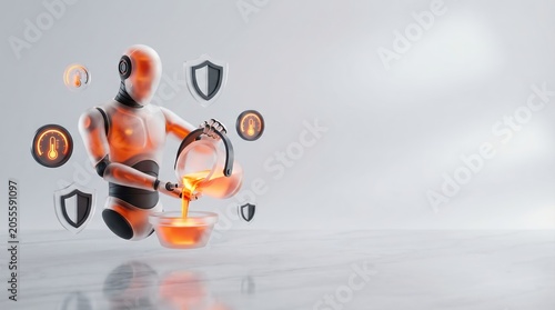 AI Robot Pouring Liquid with Shield and Thermometer Icons on White Background 3d render