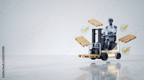 Robot humanoid driving forklift with wooden pallets and checkmarks in warehouse automation 3d render