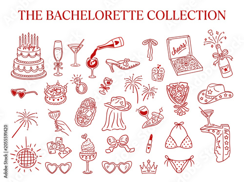 Handdrawn whimsical bachelorette party elements on white background