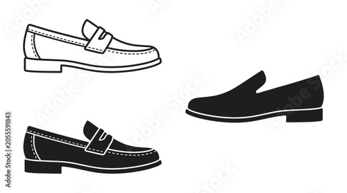 Schilderij op canvas A collection of minimalist flat vector loafers and slip-on shoe icons displayed in multiple styles