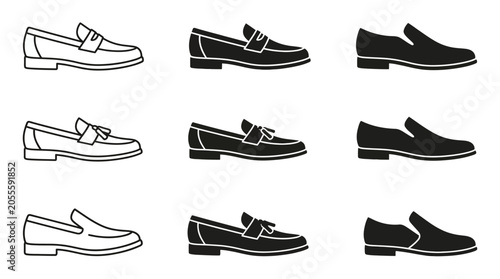 Schilderij op canvas A collection of minimalist flat vector loafers and slip-on shoe icons displayed in multiple styles