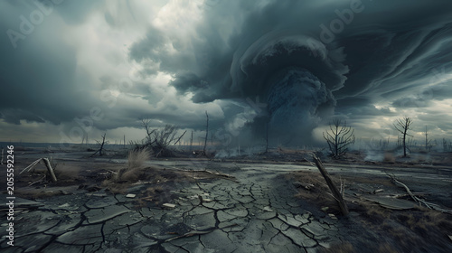 Apocalyptic storm over desolate landscape with dark clouds and barren trees