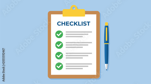 Clipboard with a checklist, green check marks, and a pen, concept of tasks completed or approval.