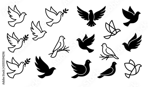 Dove icon set vector outline peace bird symbols isolated on white
