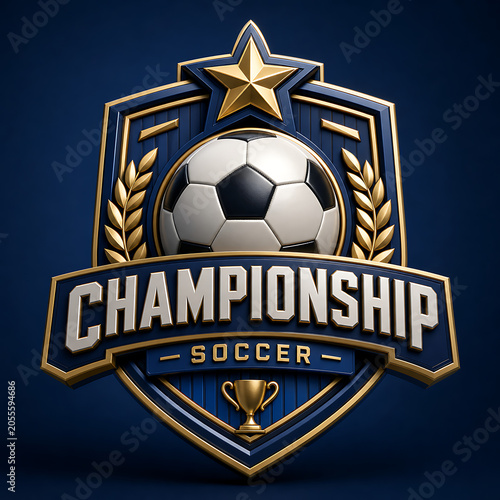 Championship Soccer Trophy Badge with Golden Laurel Wreath and Star on Dark Blue Background