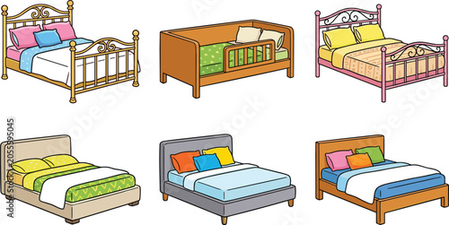 Vector illustration of different bed designs including ornate metal frames, crib, and modern upholstered or wooden styles