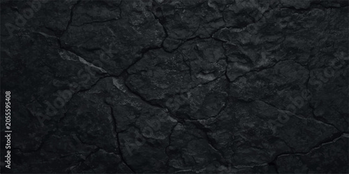 Canvas Print Black cracked stone background with deep fissures and rough textured charcoal ro