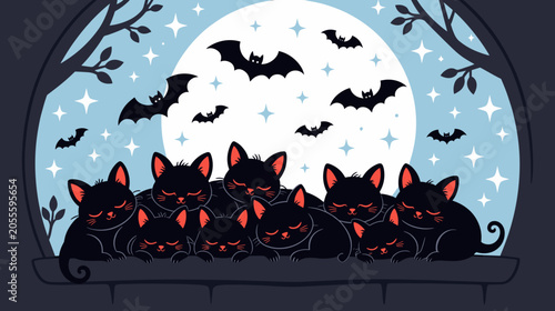 Group of black cats sleeping under moonlight with bats flying  