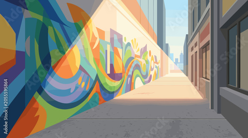 Sunbeam lighting colorful mural walkway through urban passage, mural, walkway, sunbeam, urban, wall, colorful, street, art,