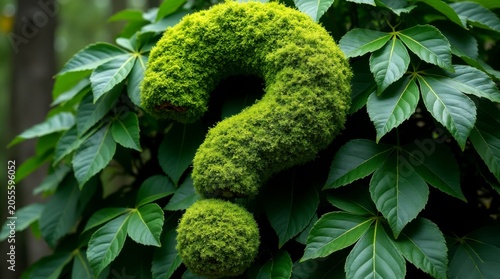 Moss-Covered Question Mark Amidst Lush Green Leaves in Natural Setting