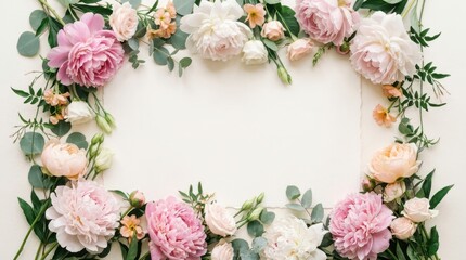 Elegant floral border with peonies, roses, and eucalyptus framing blank space