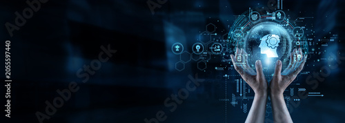Foto Strategy analyst and manager holding hands interpreting Business Intelligence data network dashboards to increase sales