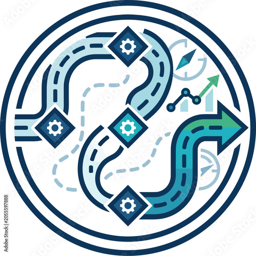 Pathways marked with gear symbols illustrate a strategic business journey involving analysis and growth trends.