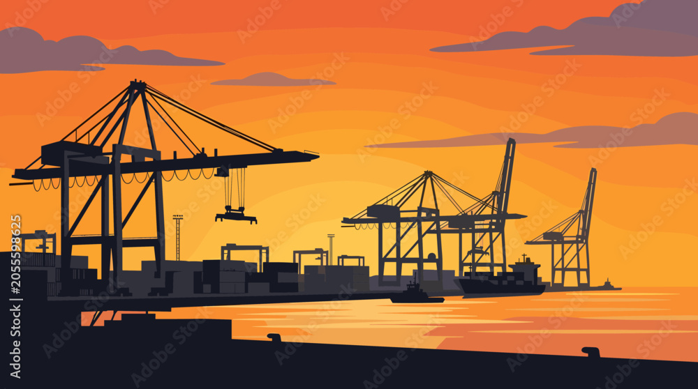 Fototapeta premium Port cranes silhouetted against golden sunset sky, port, cranes, sunset, shipping, cargo, harbor, industry, logistics, containers,